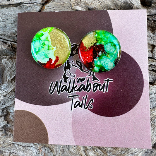 Green, Red and Gold Large Stud Earrings